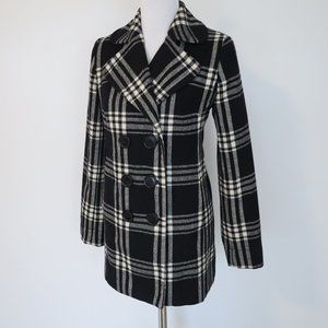 NEW YORK & CO Size 4 Black White Plaid Coat Jacket Pea Coat Double Breasted